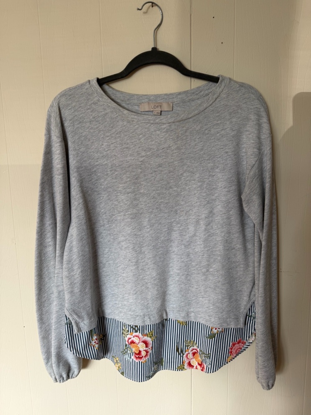 LOFT Gray Layered Light Sweater with Floral Hem